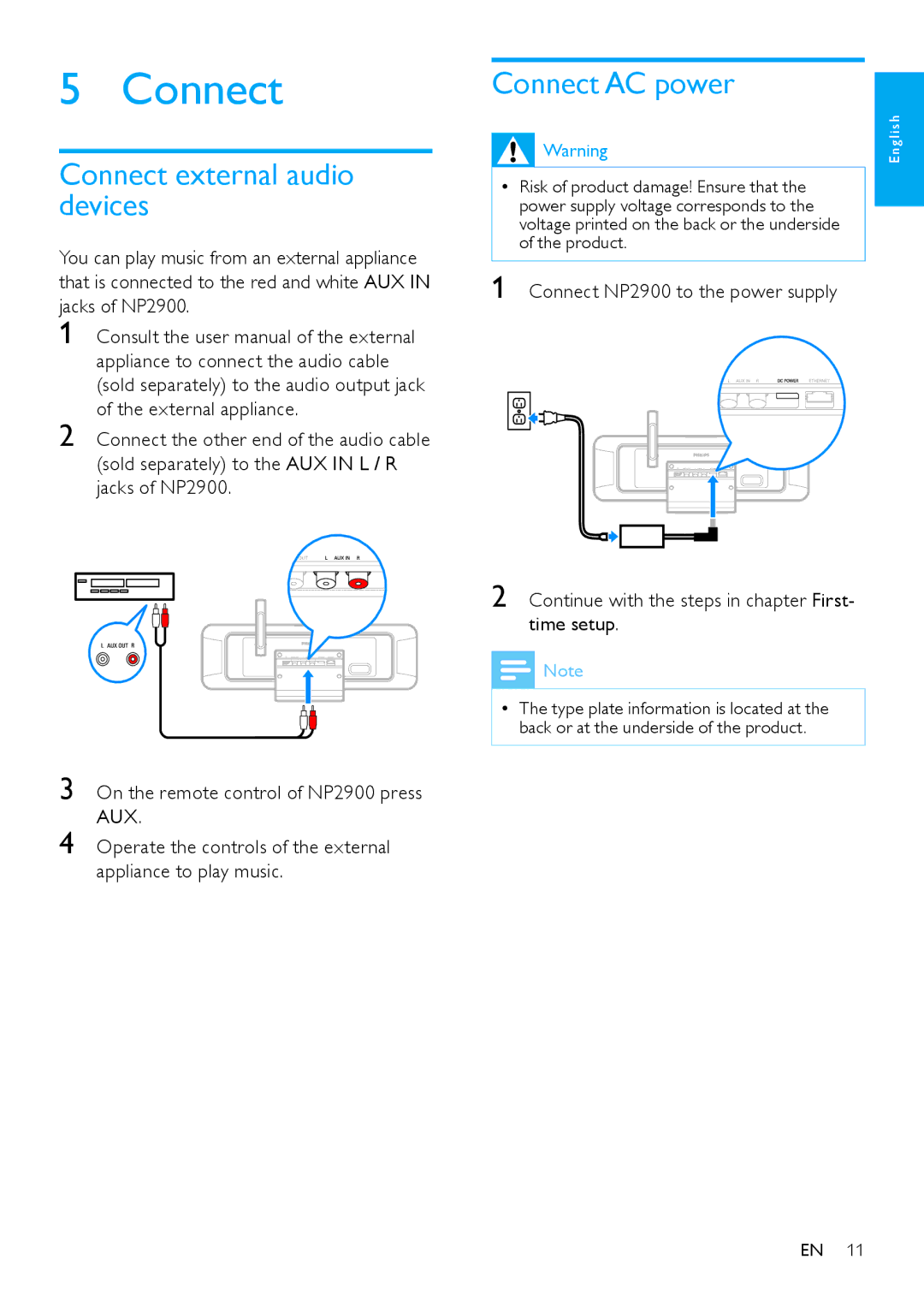 Philips NP2900 user manual Connect external audio devices, Connect AC power 