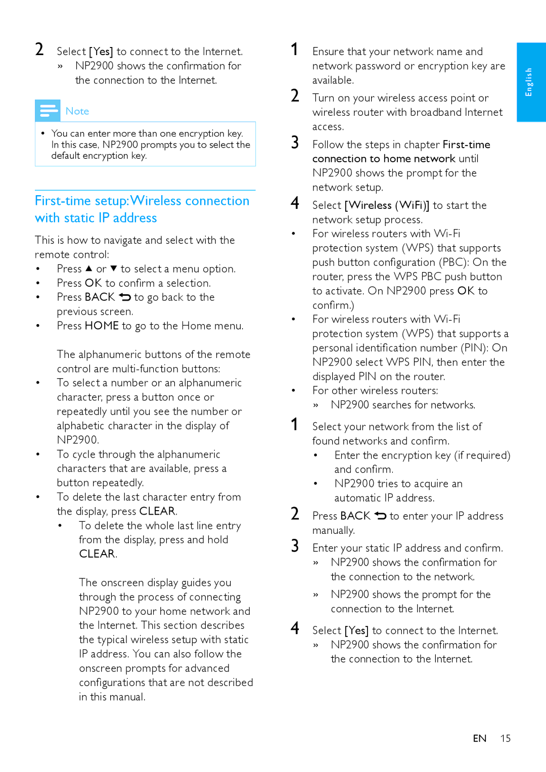 Philips NP2900 user manual First-time setupWireless connection with static IP address, Connection to the Internet, Manually 