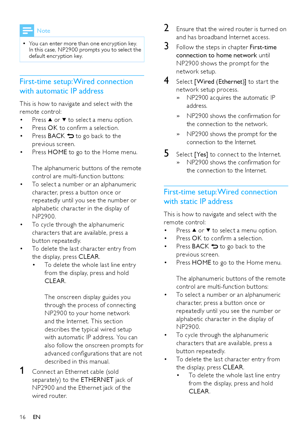 Philips NP2900 user manual First-time setupWired connection with automatic IP address 