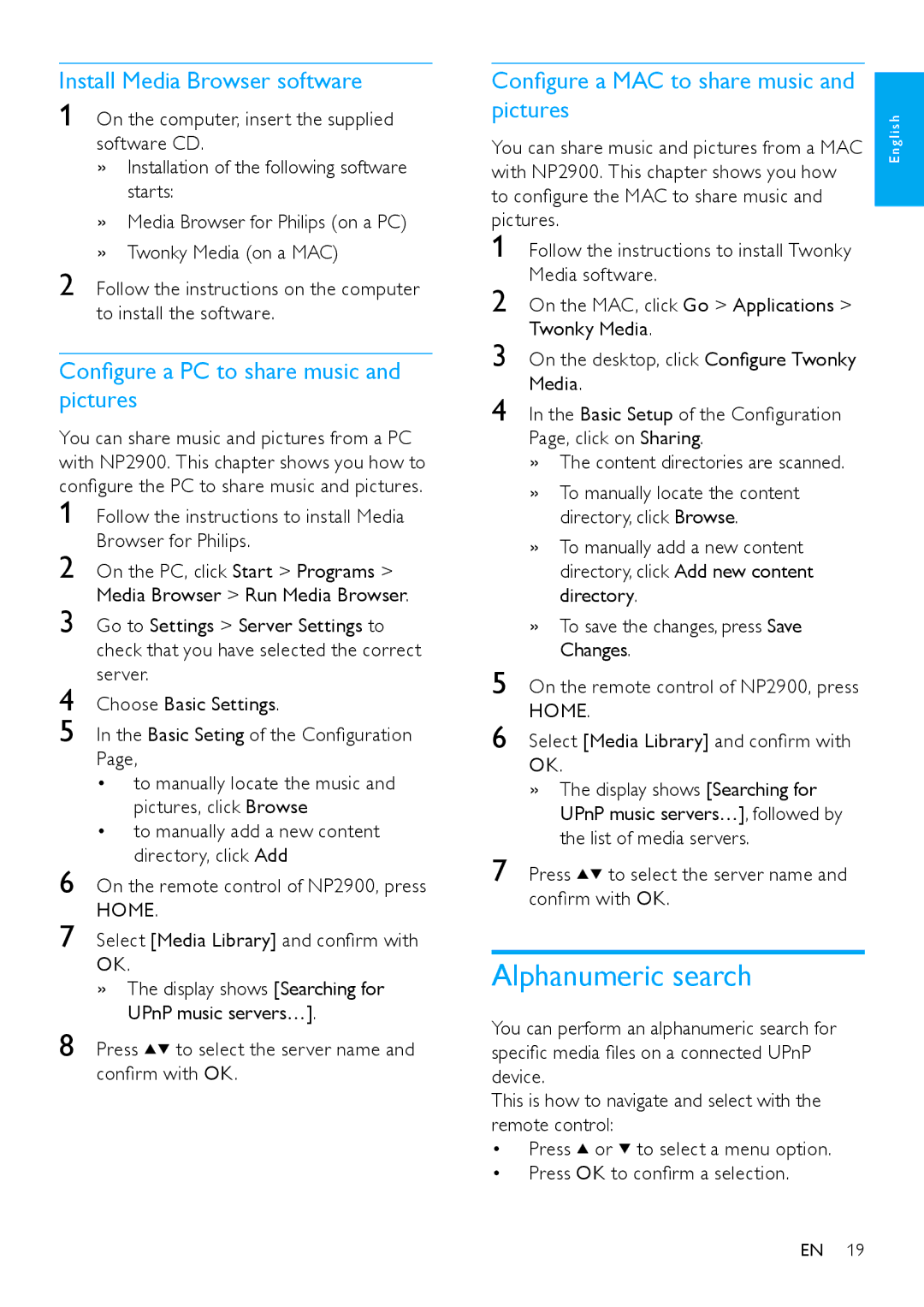 Philips NP2900 user manual Install Media Browser software, Configure a PC to share music and pictures 