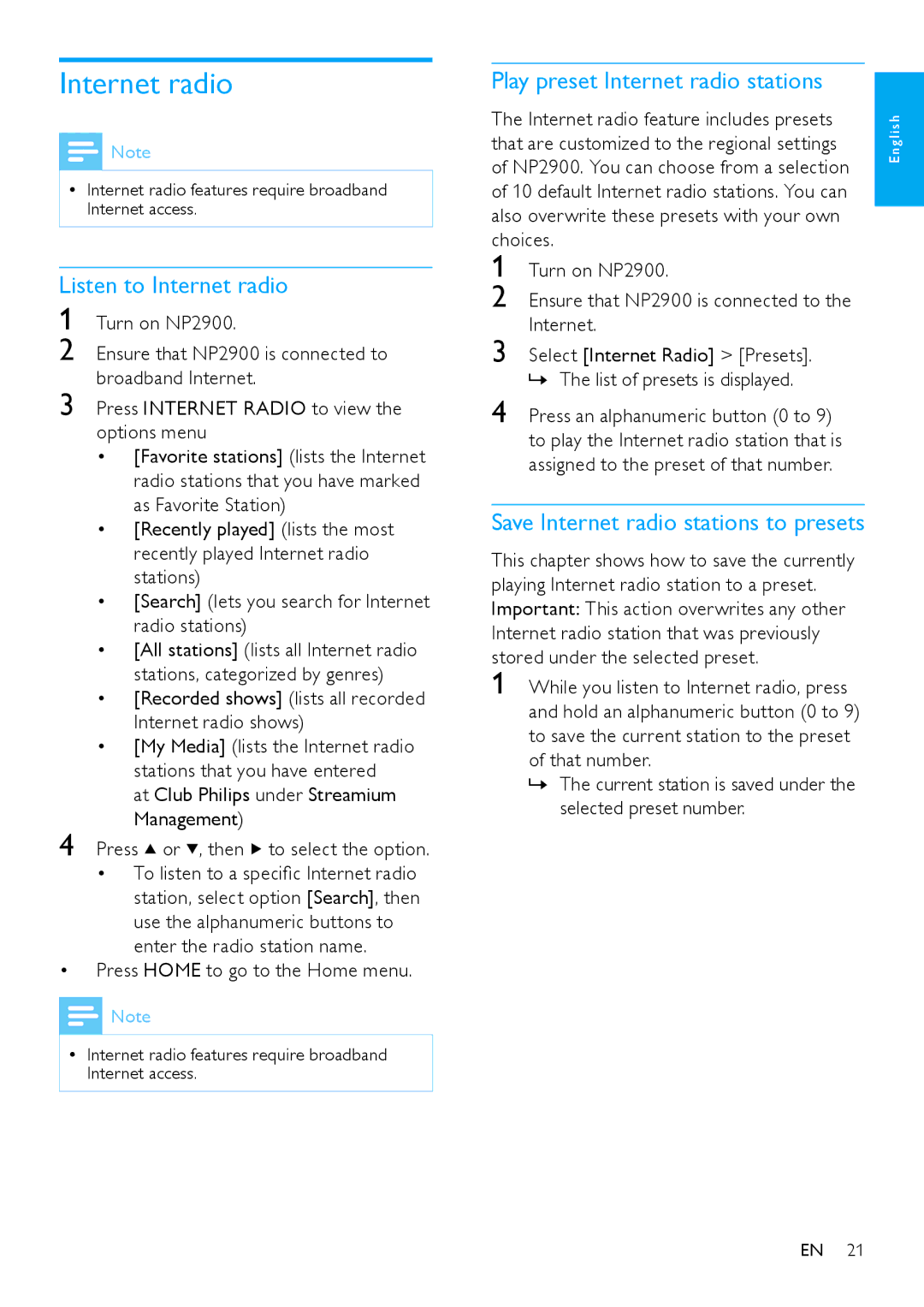 Philips NP2900 user manual Listen to Internet radio, Play preset Internet radio stations 