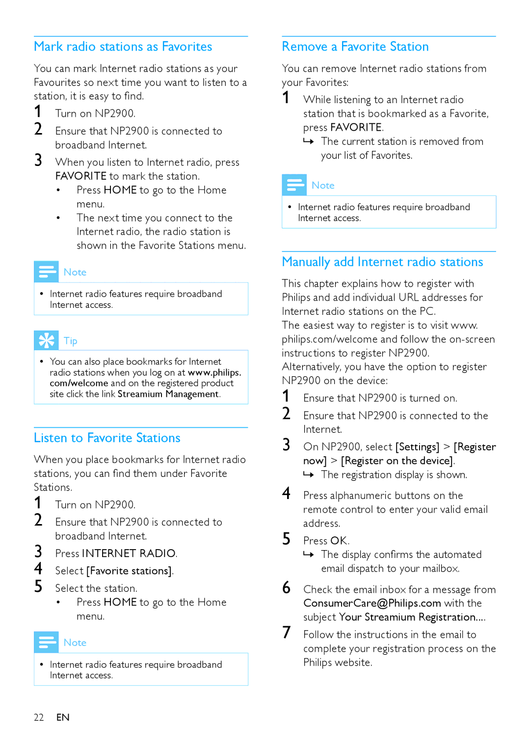 Philips NP2900 user manual Mark radio stations as Favorites, Listen to Favorite Stations, Remove a Favorite Station 