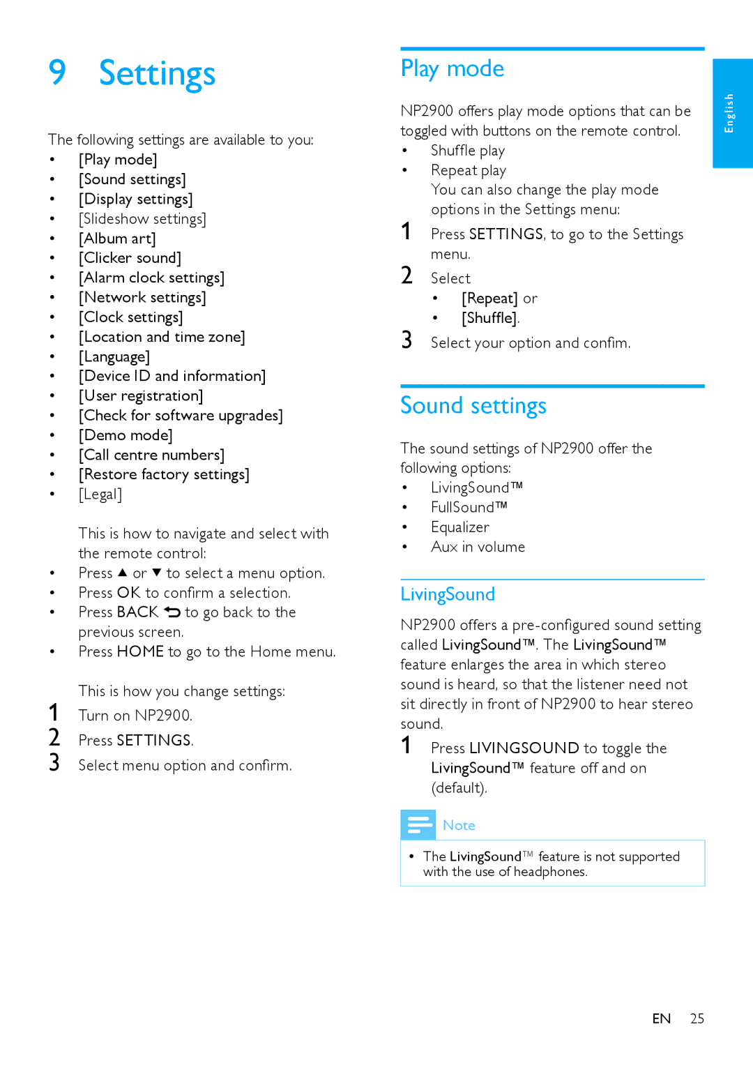 Philips NP2900 user manual Settings, Play mode, Sound settings, LivingSound 