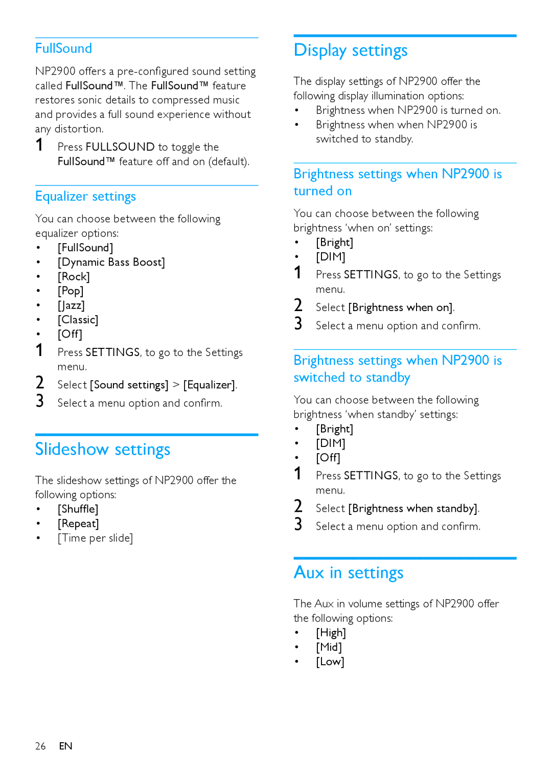 Philips NP2900 user manual Slideshow settings, Display settings, Aux in settings 