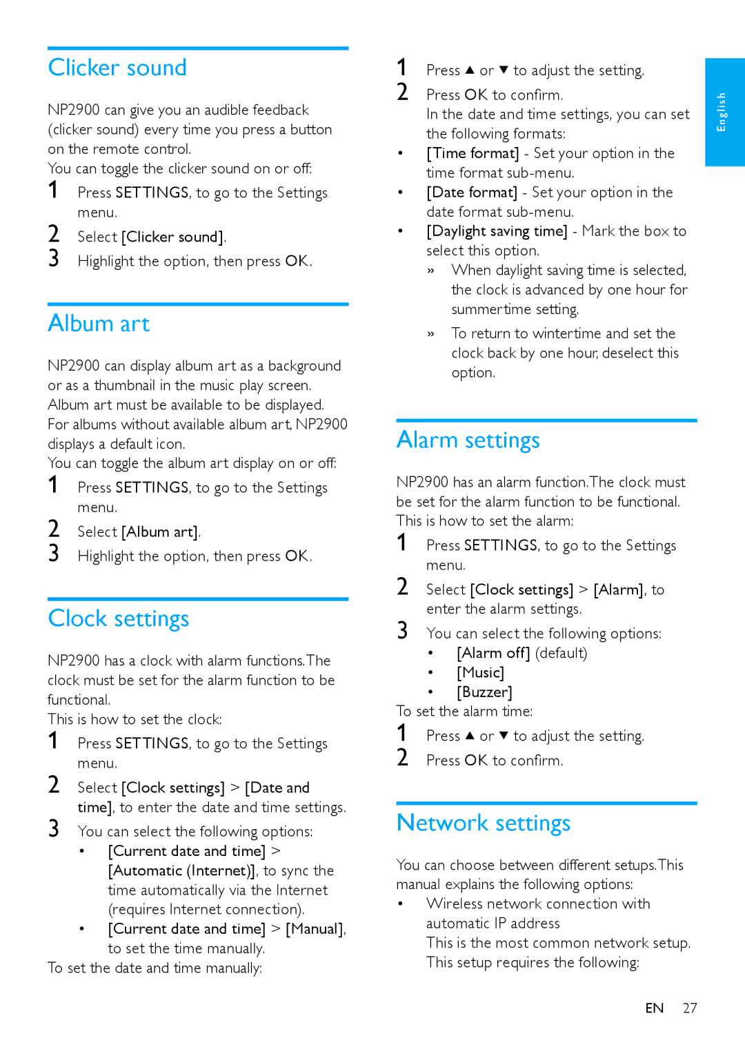 Philips NP2900 user manual Clicker sound, Album art, Clock settings, Alarm settings, Network settings 