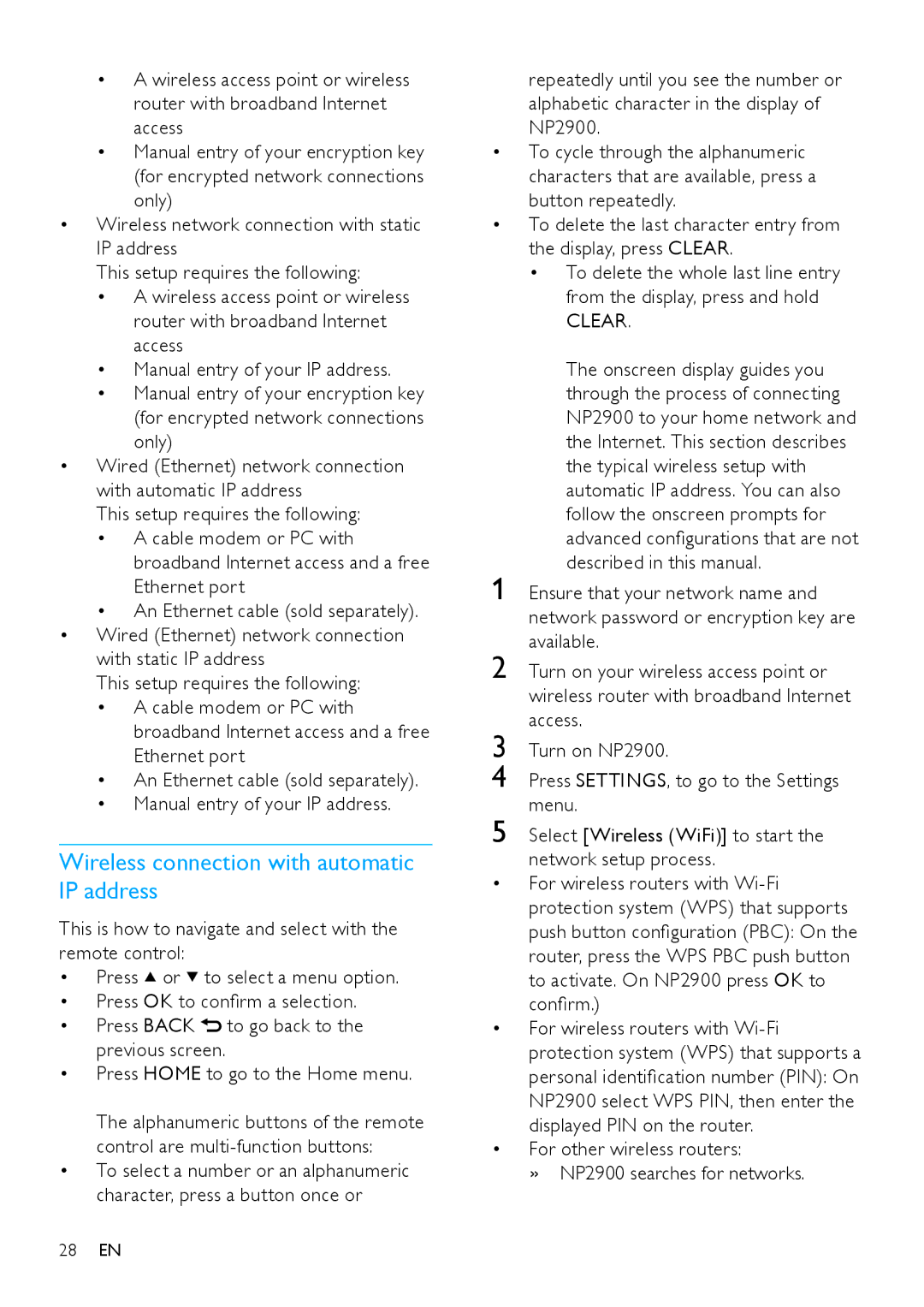 Philips NP2900 user manual Wireless connection with automatic IP address, Clear 