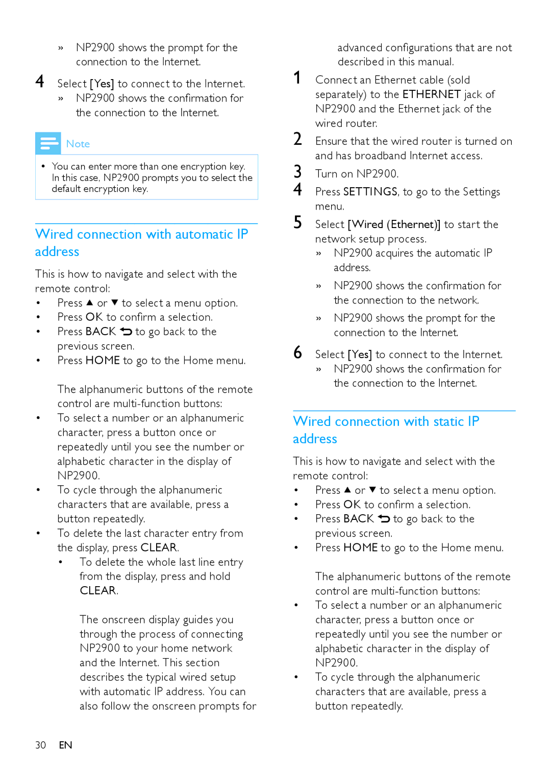 Philips NP2900 user manual Wired connection with automatic IP address, Wired connection with static IP address 