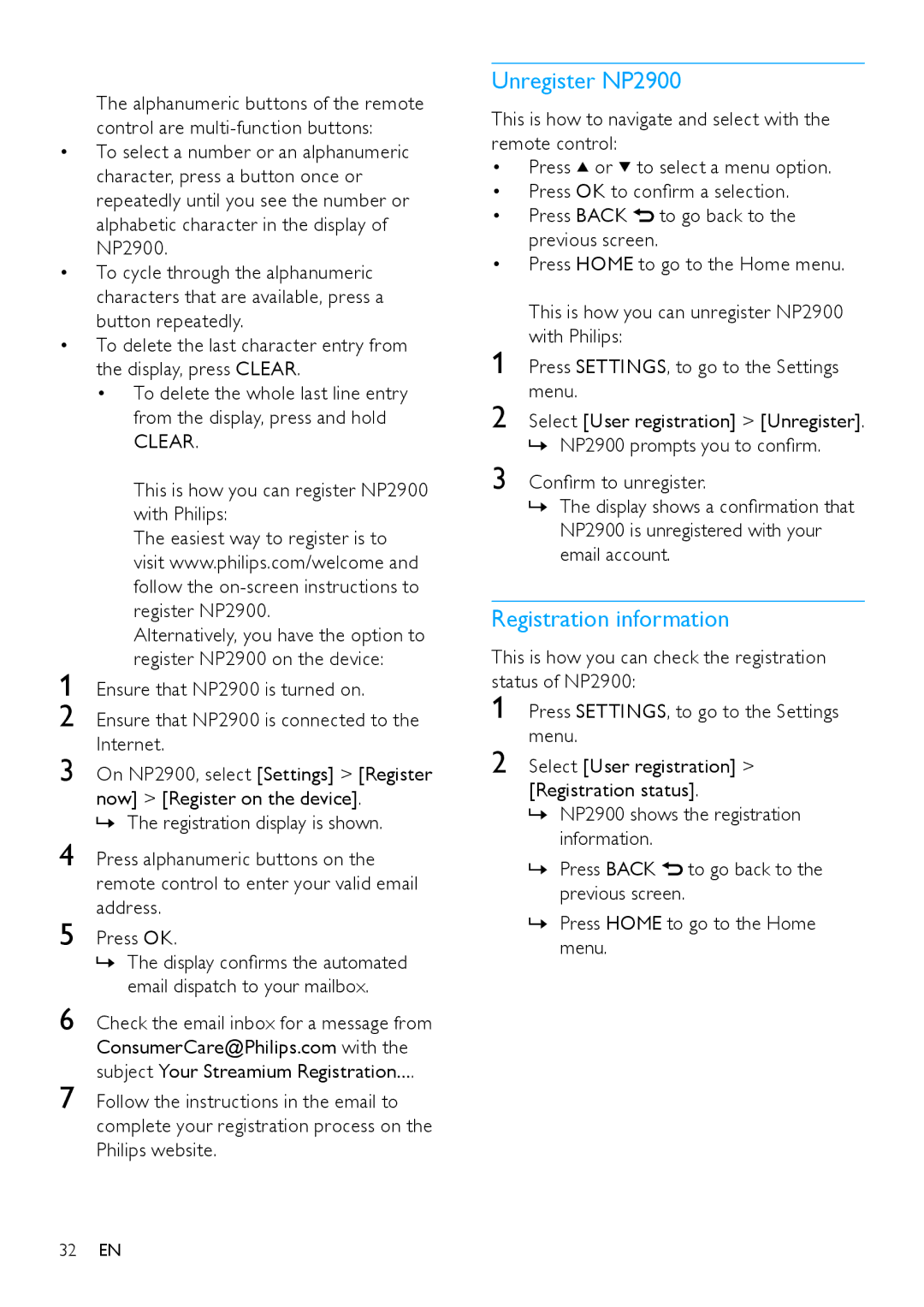 Philips user manual Unregister NP2900, Registration information 