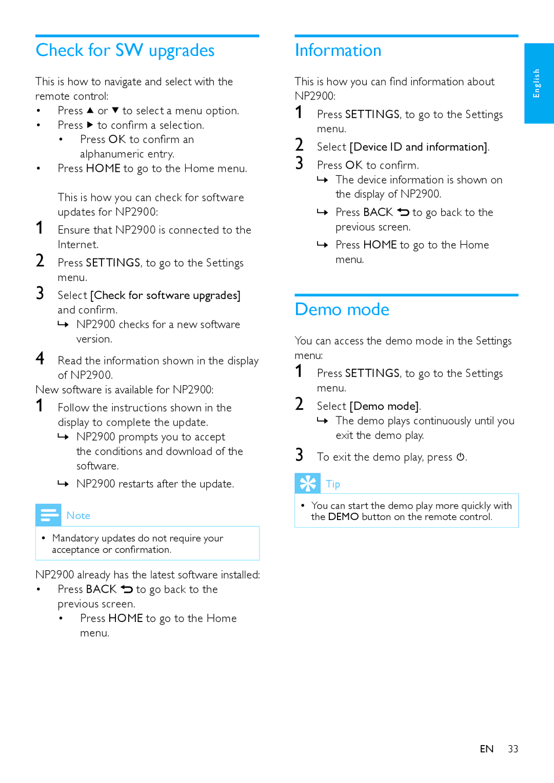 Philips NP2900 user manual Information, Demo mode, You can access the demo mode in the Settings menu 