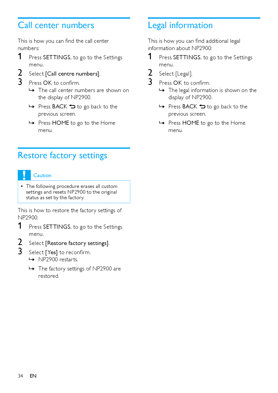 Philips NP2900 user manual Call center numbers, Legal information, Restore factory settings 