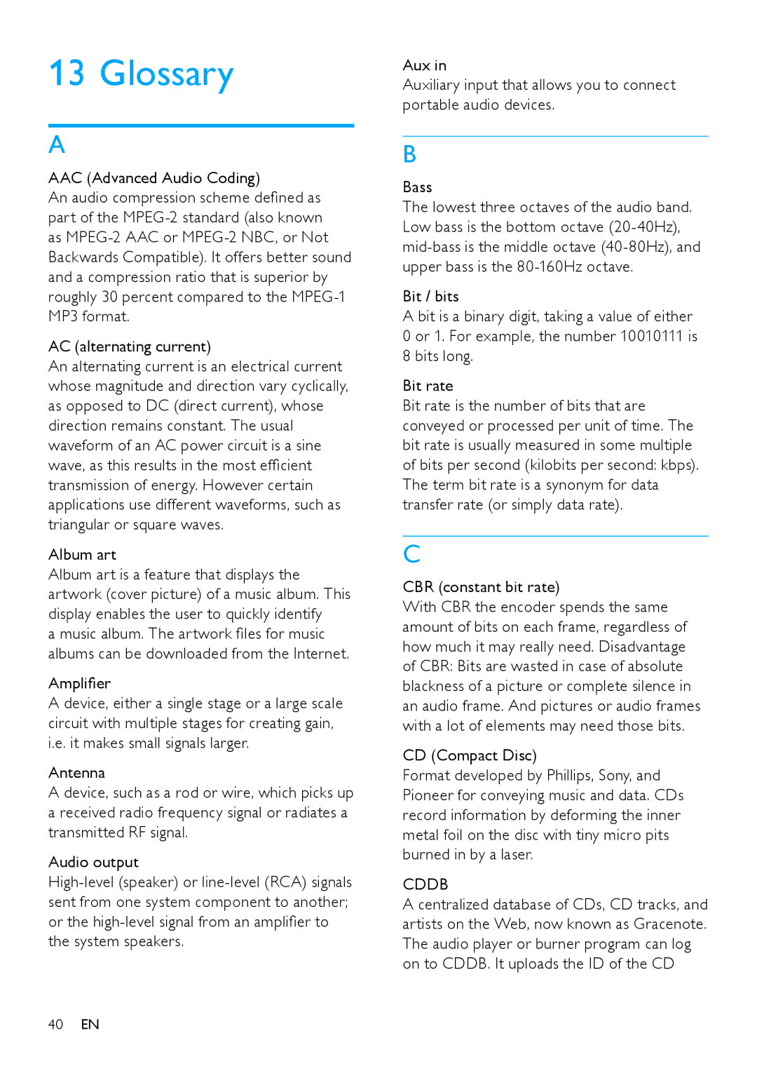 Philips NP2900 user manual Glossary, Amplifier, CBR constant bit rate, CD Compact Disc, Cddb 