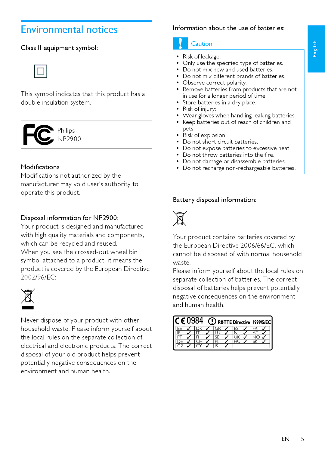 Philips NP2900 user manual Environmental notices, Information about the use of batteries 