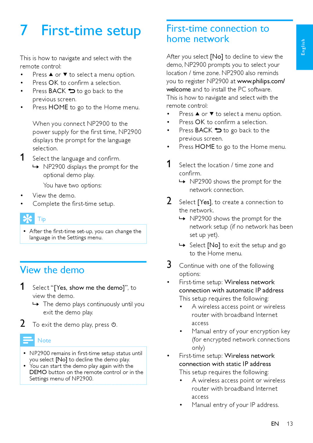 Philips NP2900 user manual First-time setup, View the demo, First-time connection to home network 