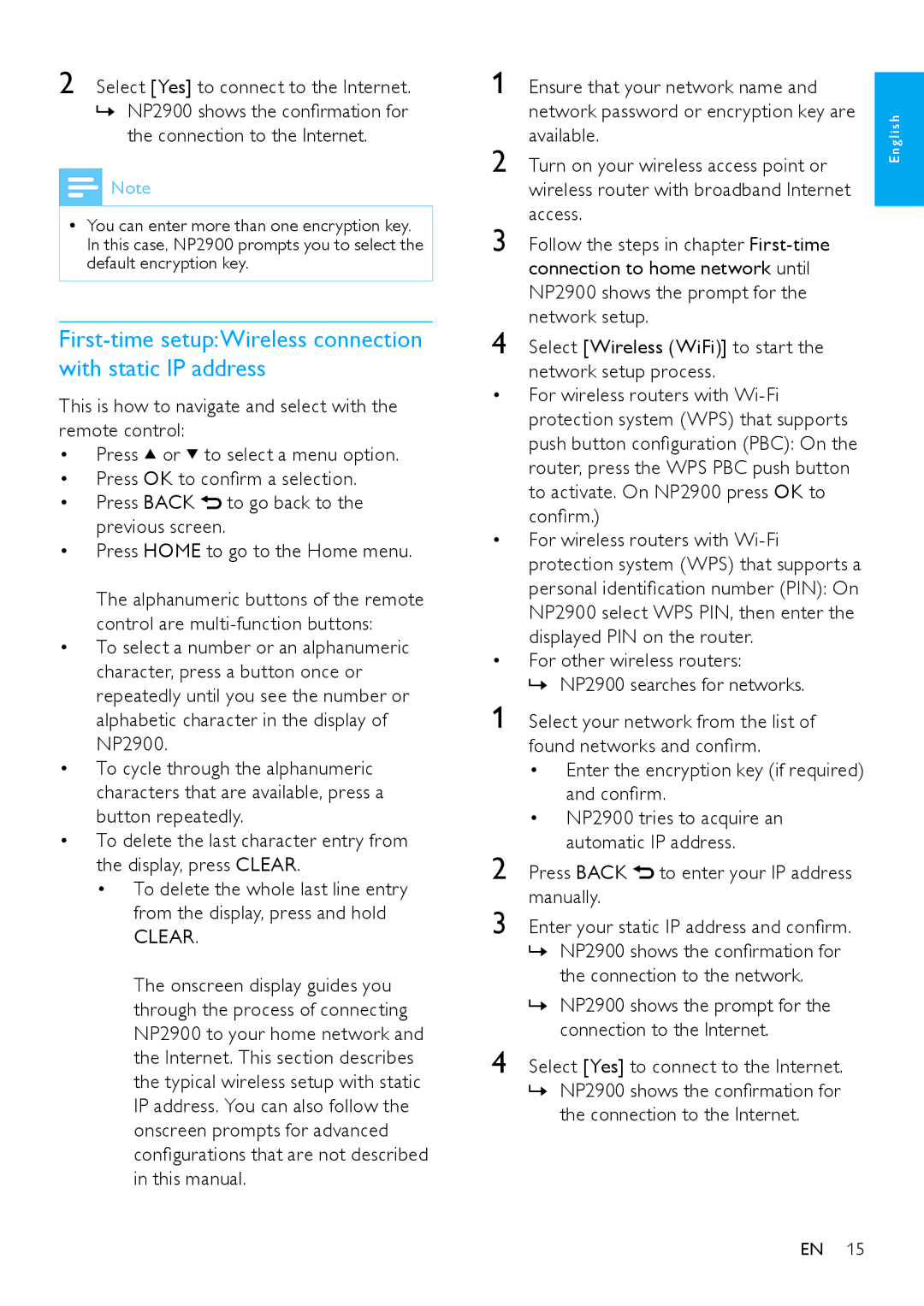 Philips NP2900 user manual First-time setupWireless connection with static IP address, Connection to the Internet, Manually 