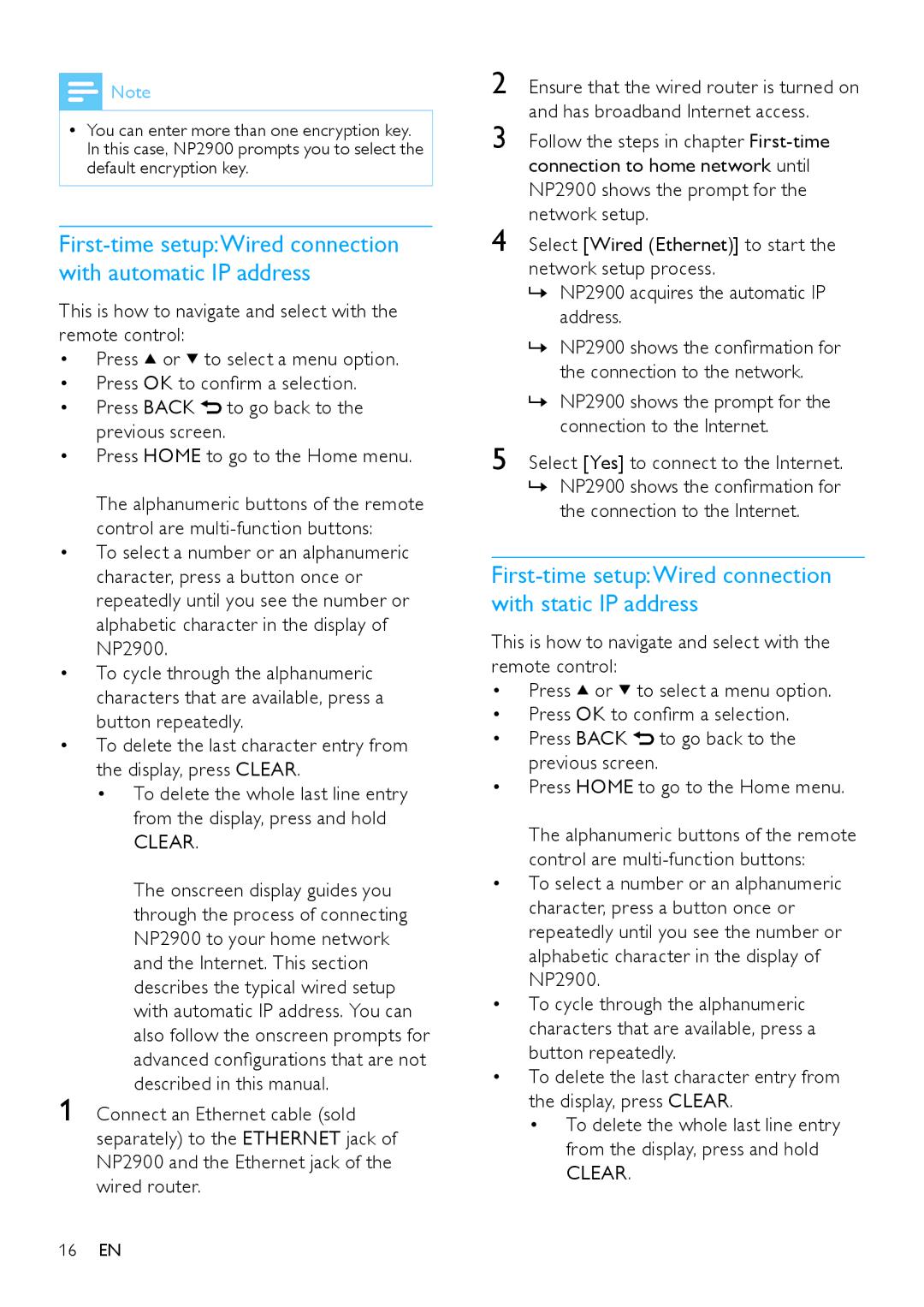 Philips NP2900 user manual First-time setupWired connection with automatic IP address 