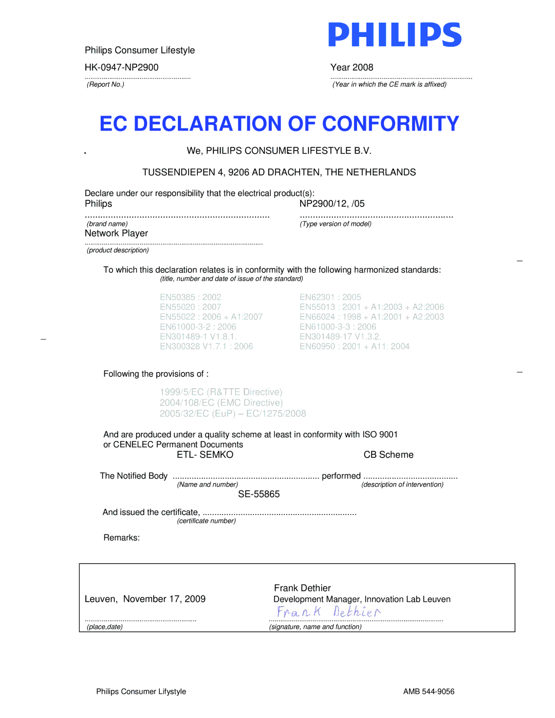 Philips NP2900 user manual EC Declaration of Conformity 