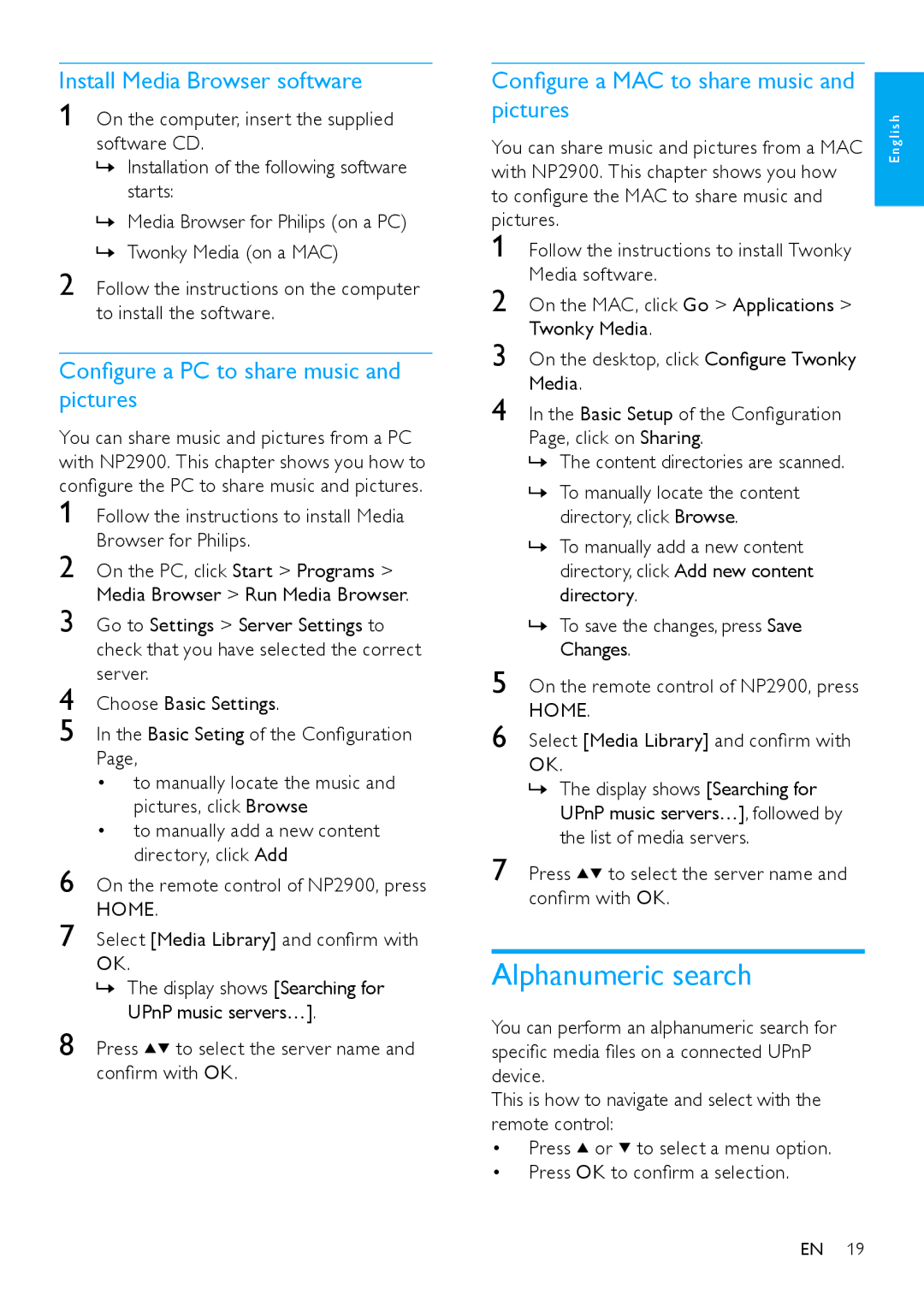 Philips NP2900 user manual Install Media Browser software, Configure a PC to share music and pictures 