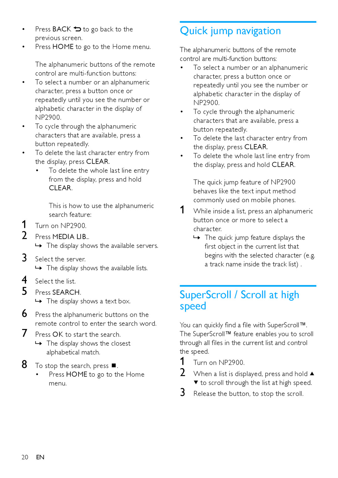 Philips NP2900 user manual Quick jump navigation, SuperScroll / Scroll at high speed 