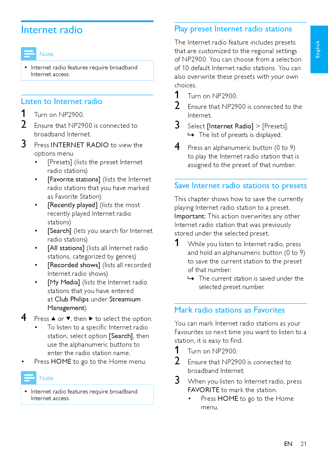 Philips NP2900 Listen to Internet radio, Play preset Internet radio stations, Save Internet radio stations to presets 
