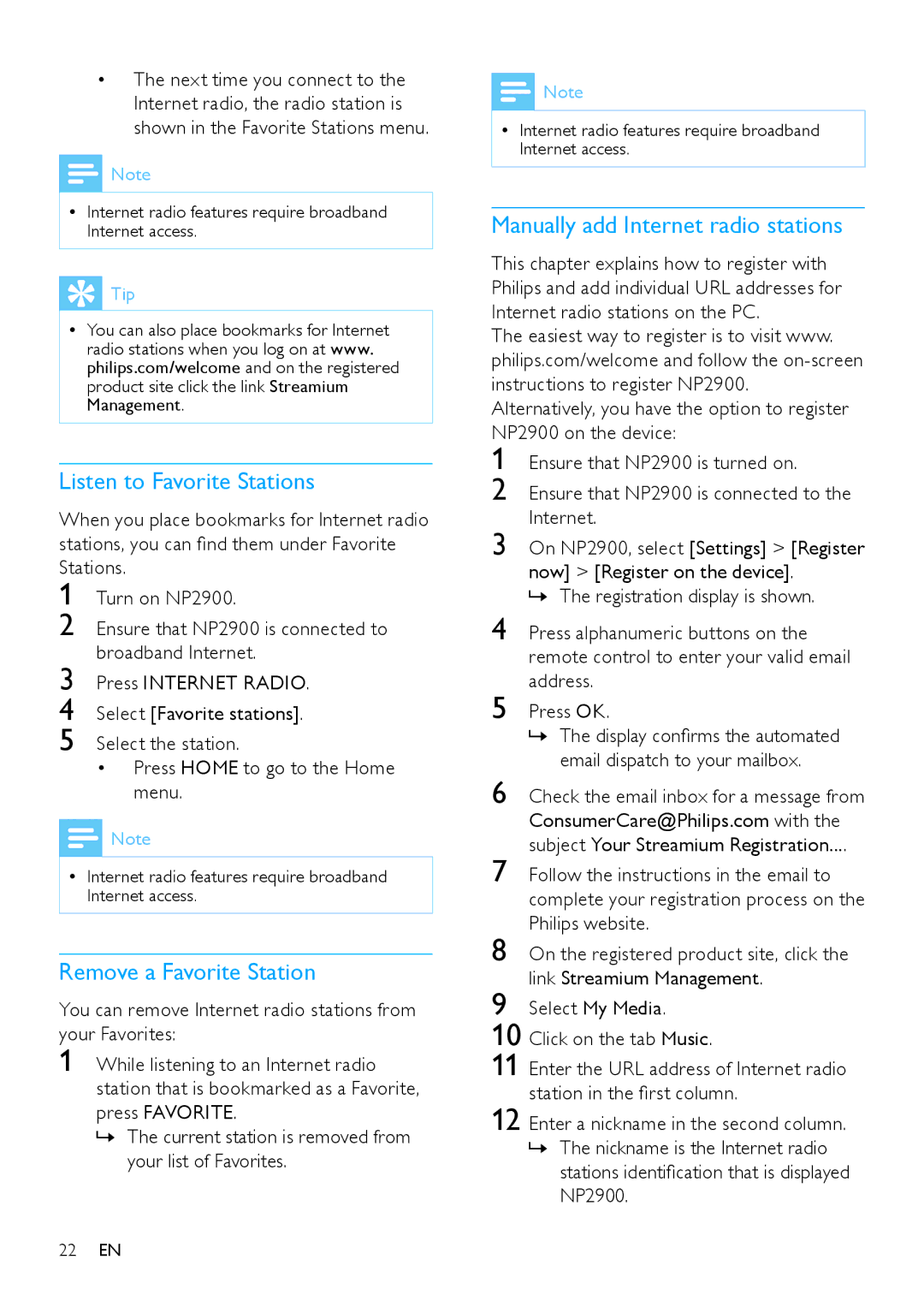 Philips NP2900 user manual Listen to Favorite Stations, Remove a Favorite Station, Manually add Internet radio stations 