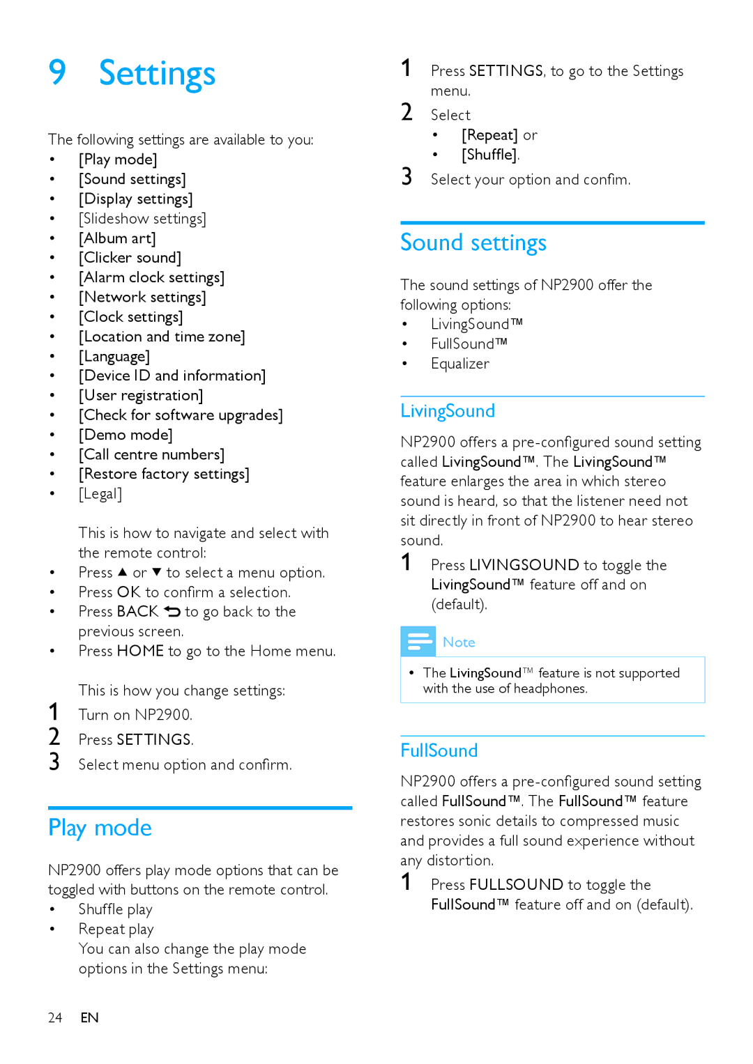 Philips NP2900 user manual Settings, Play mode, Sound settings, LivingSound, FullSound 