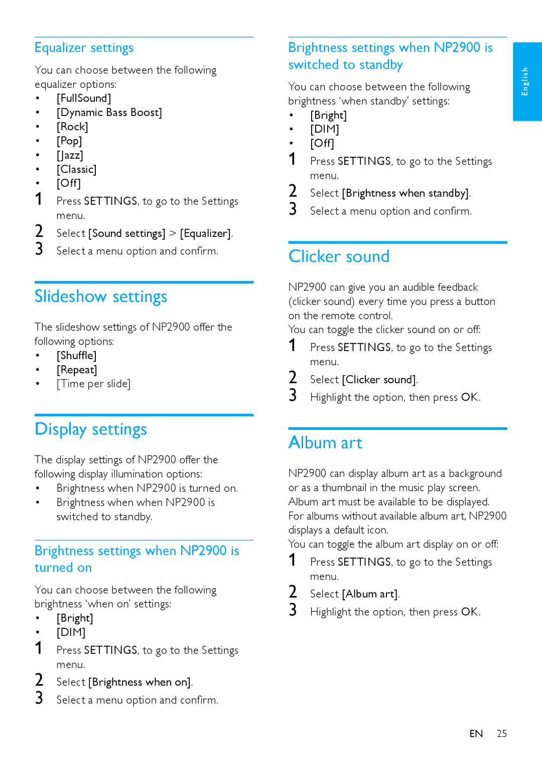 Philips NP2900 user manual Slideshow settings, Display settings, Clicker sound, Album art 