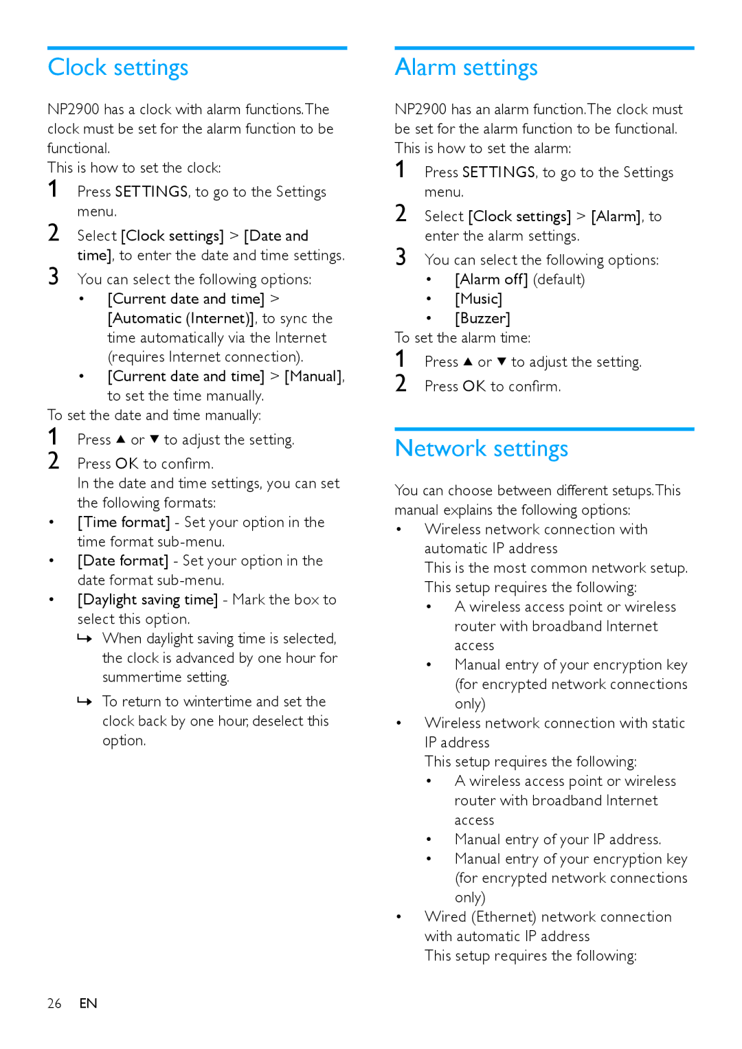 Philips NP2900 user manual Clock settings, Alarm settings, Network settings 