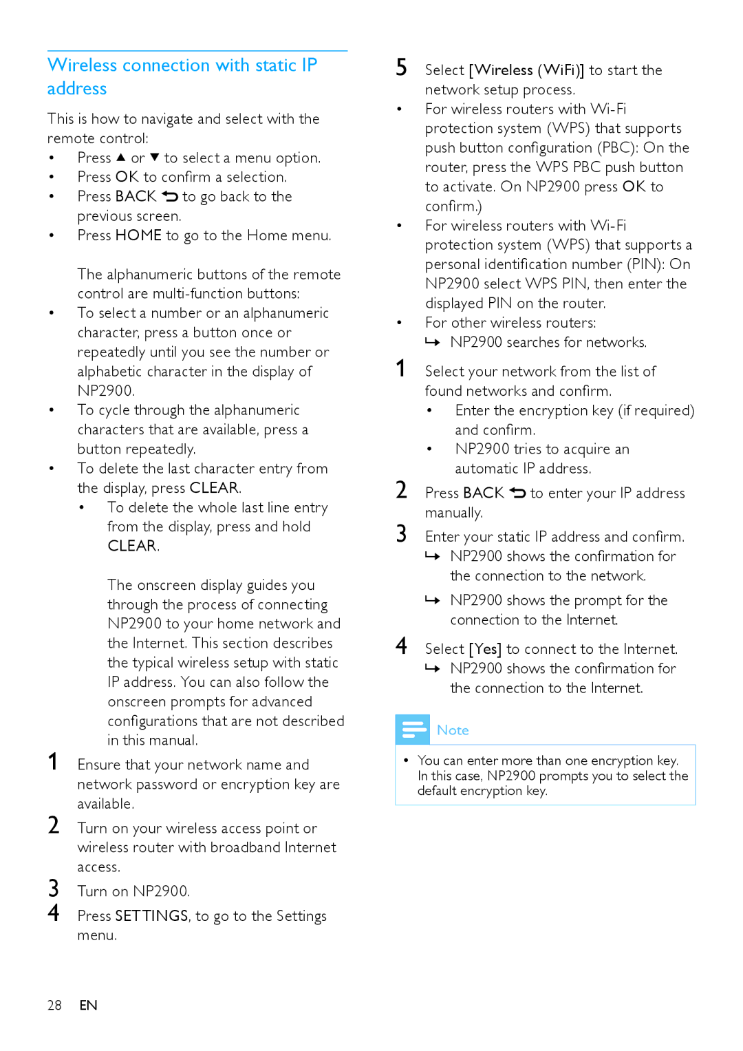 Philips NP2900 user manual Wireless connection with static IP address, Manually 