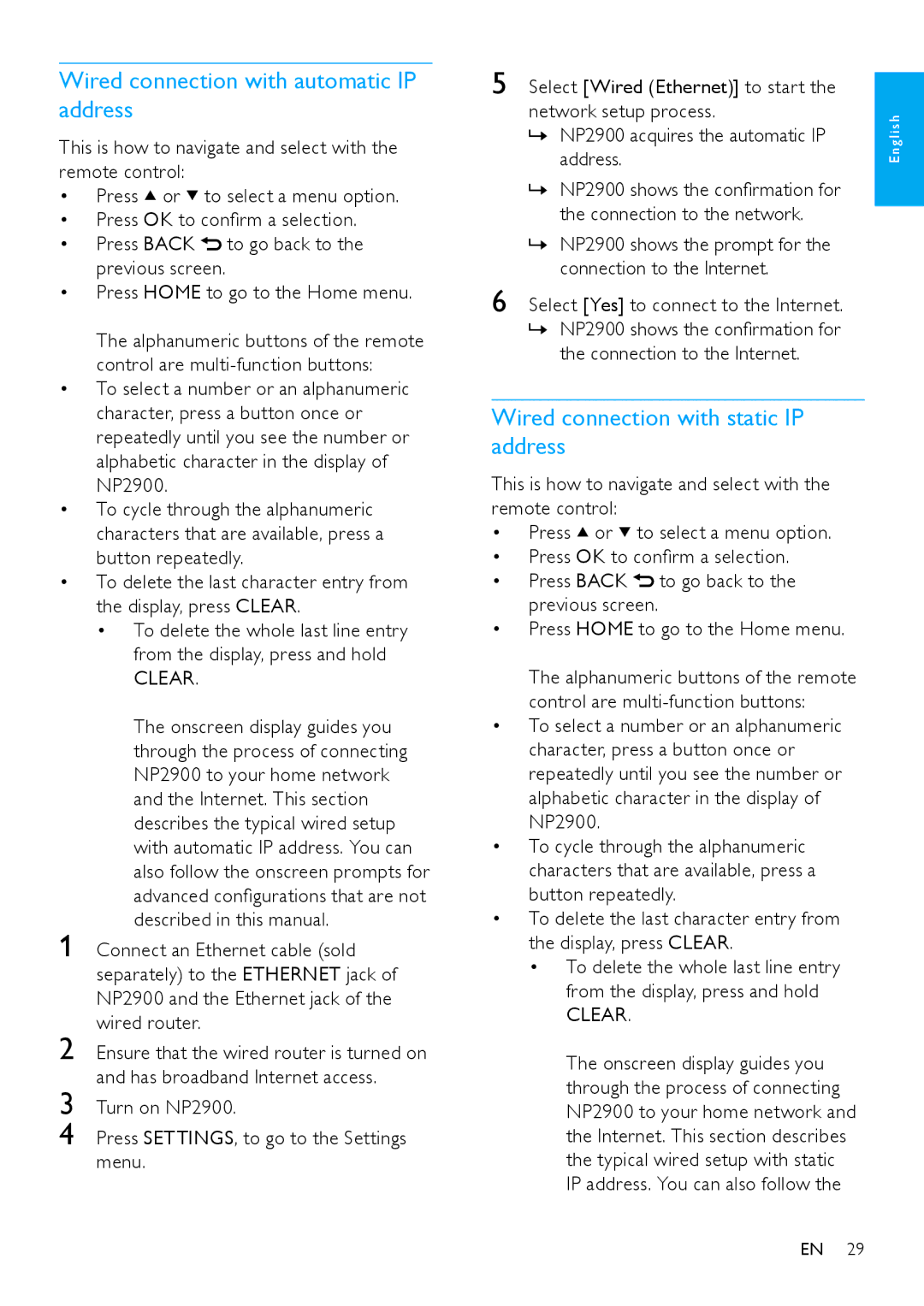 Philips NP2900 user manual Wired connection with automatic IP address, Wired connection with static IP address 