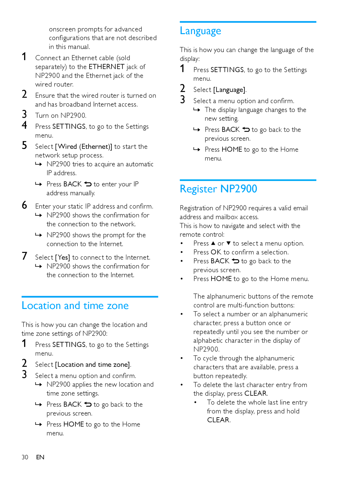 Philips user manual Location and time zone, Language, Register NP2900 