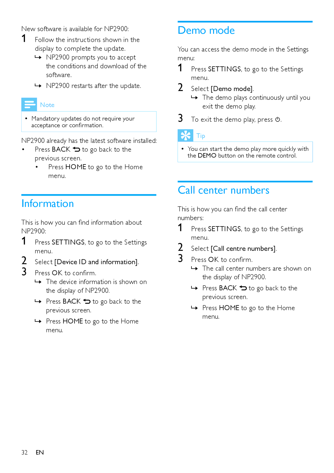 Philips NP2900 user manual Information, Demo mode, Call center numbers, You can access the demo mode in the Settings menu 