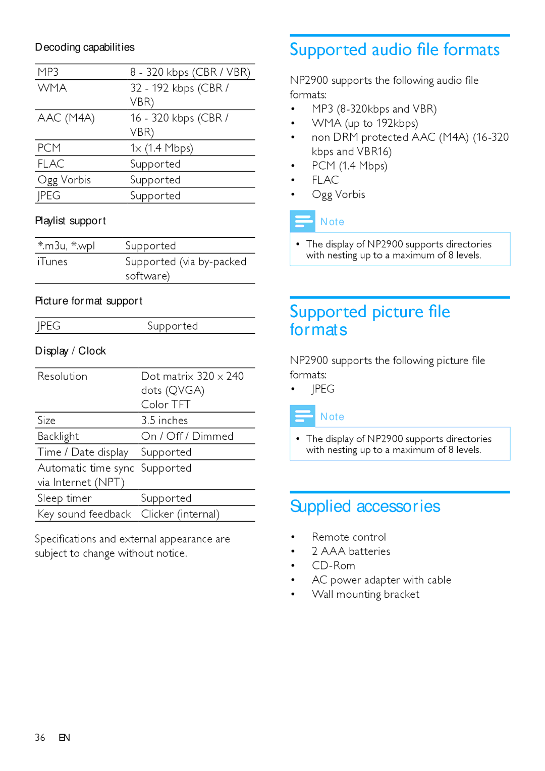 Philips NP2900 user manual Supported audio file formats, Supported picture file formats, Supplied accessories 