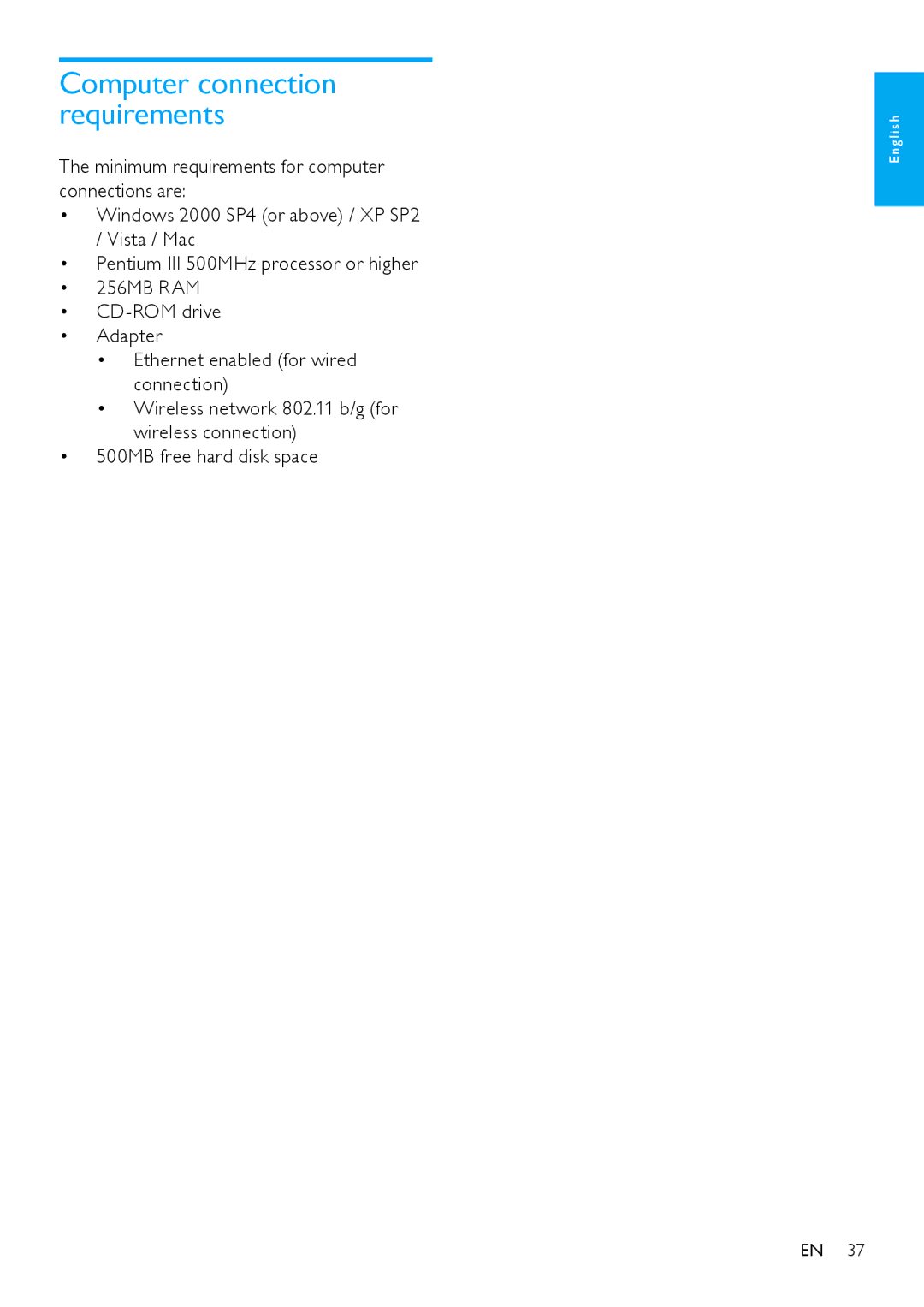 Philips NP2900 user manual Computer connection requirements 