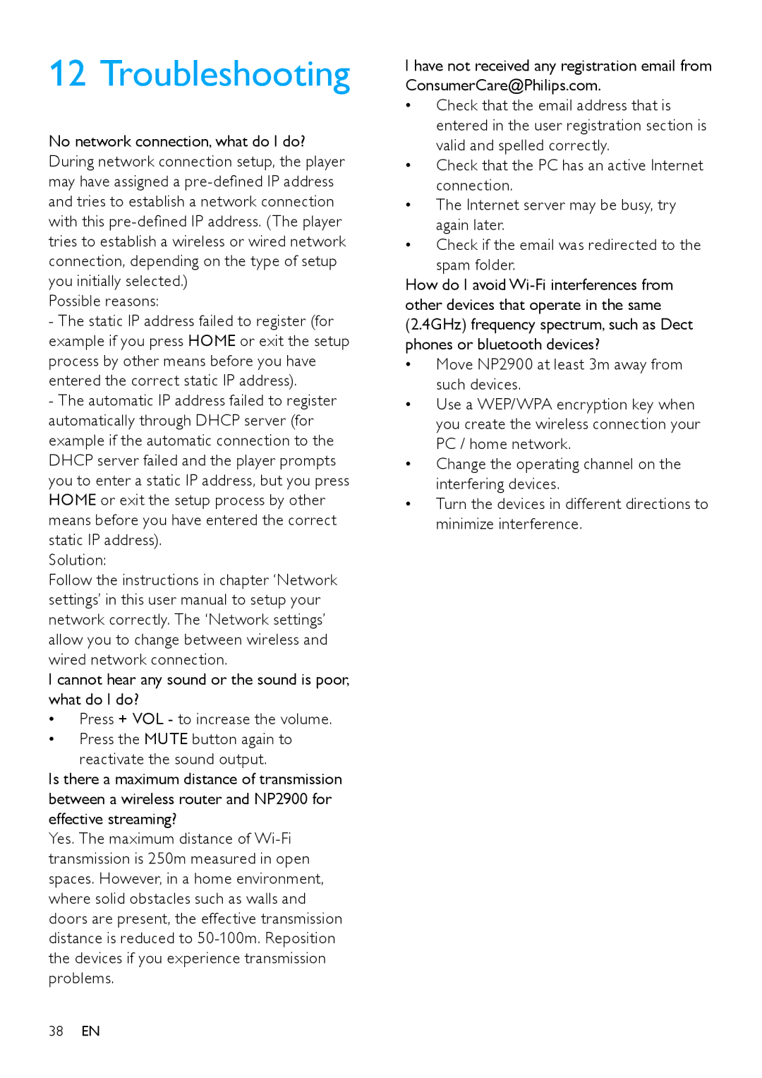 Philips NP2900 user manual Troubleshooting, Possible reasons 