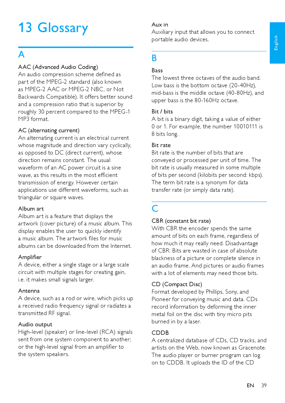 Philips NP2900 user manual Glossary, Amplifier, CBR constant bit rate, CD Compact Disc, Cddb 