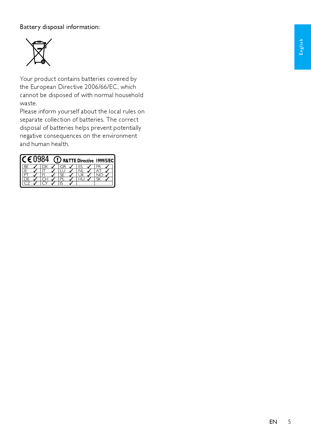 Philips NP2900 user manual Battery disposal information 