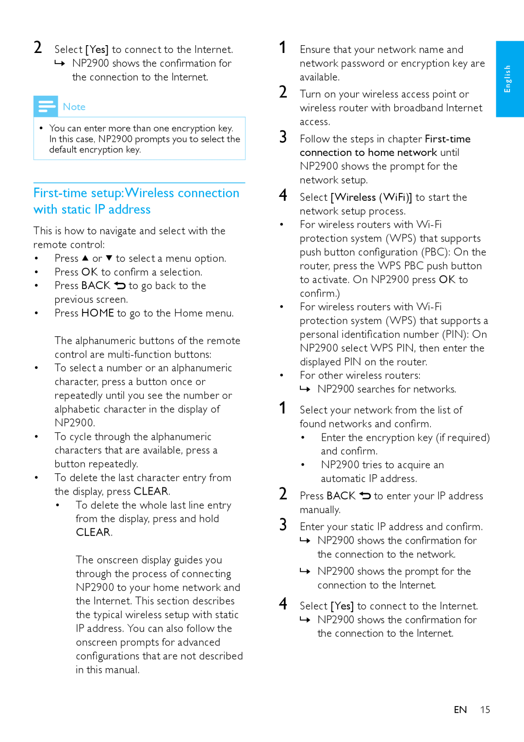 Philips NP2900 user manual First-time setupWireless connection with static IP address 