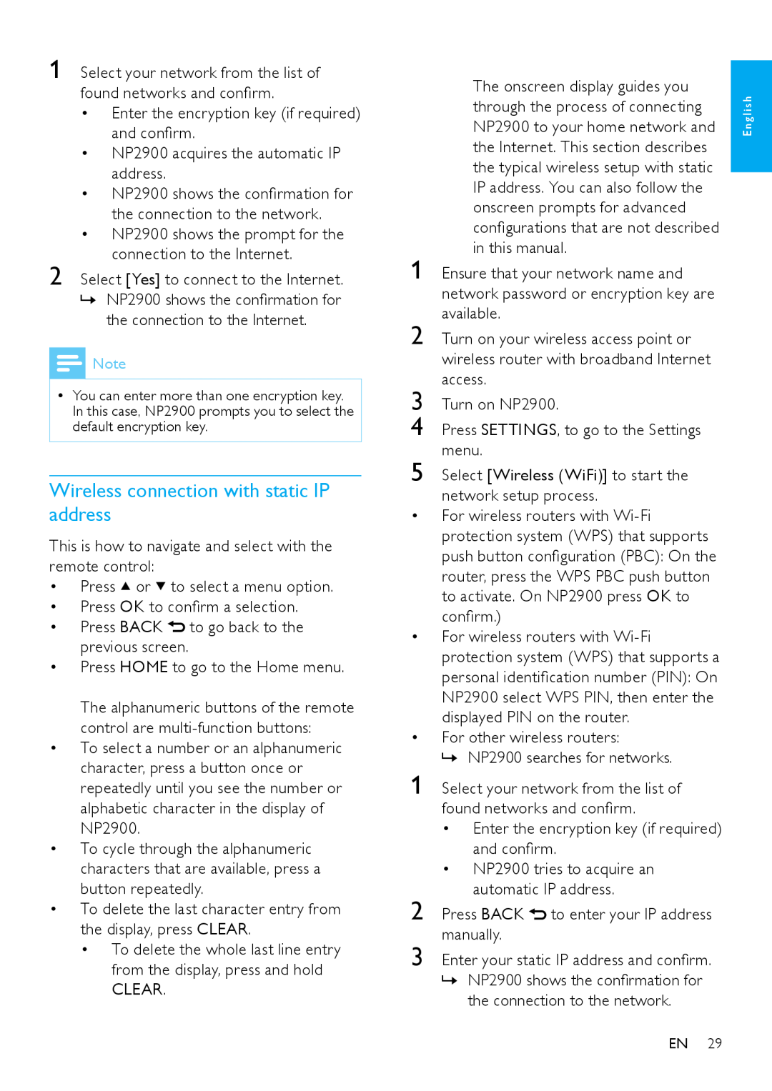 Philips NP2900 user manual Wireless connection with static IP address 