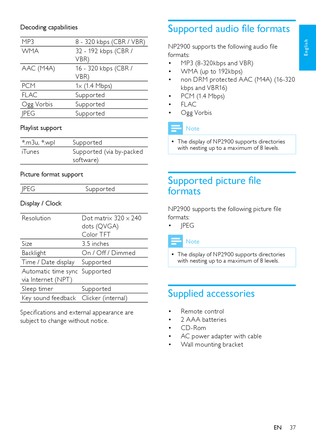 Philips NP2900 user manual Supported audio file formats, Supported picture file formats, Supplied accessories 