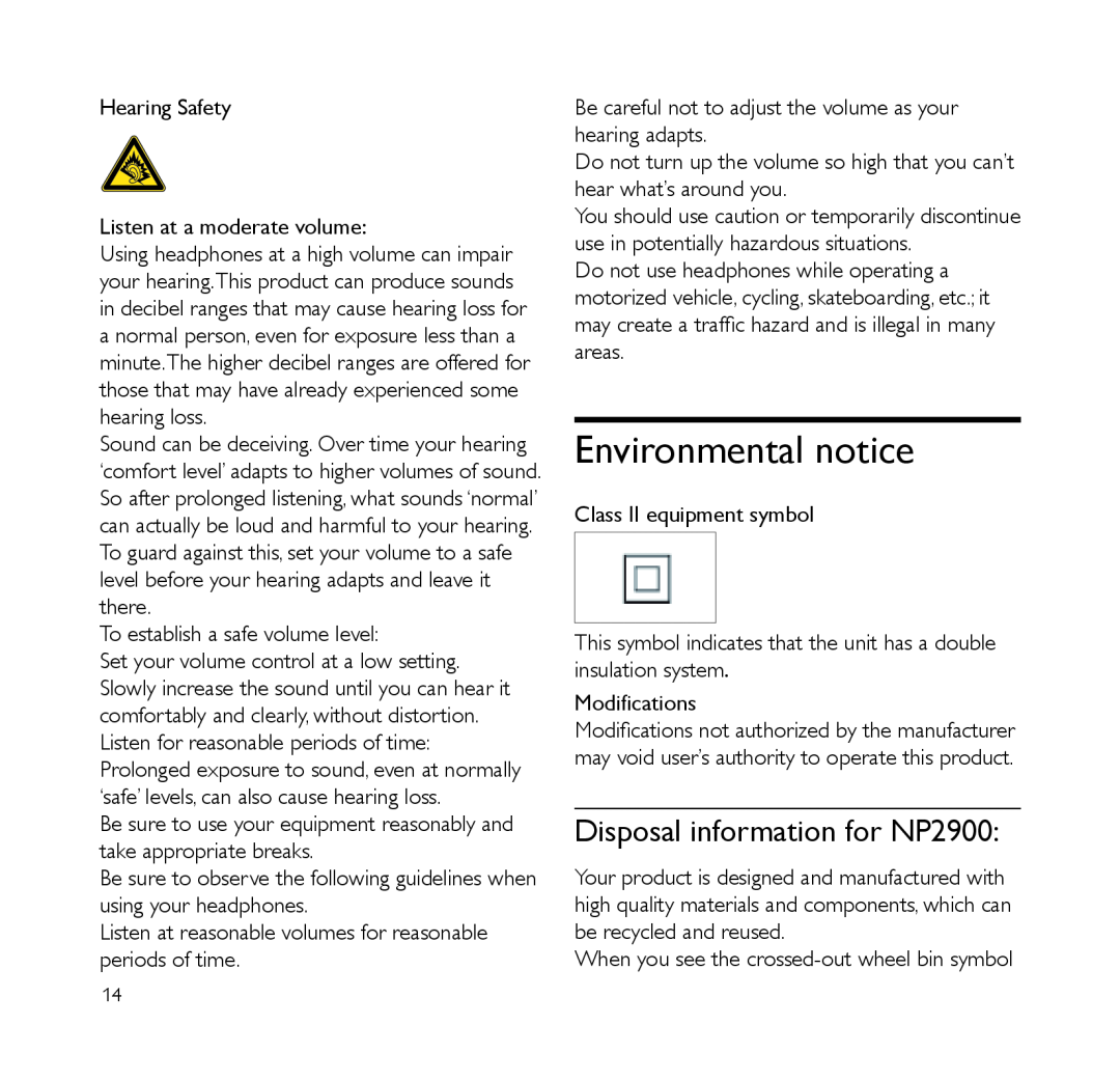 Philips quick start Environmental notice, Disposal information for NP2900 