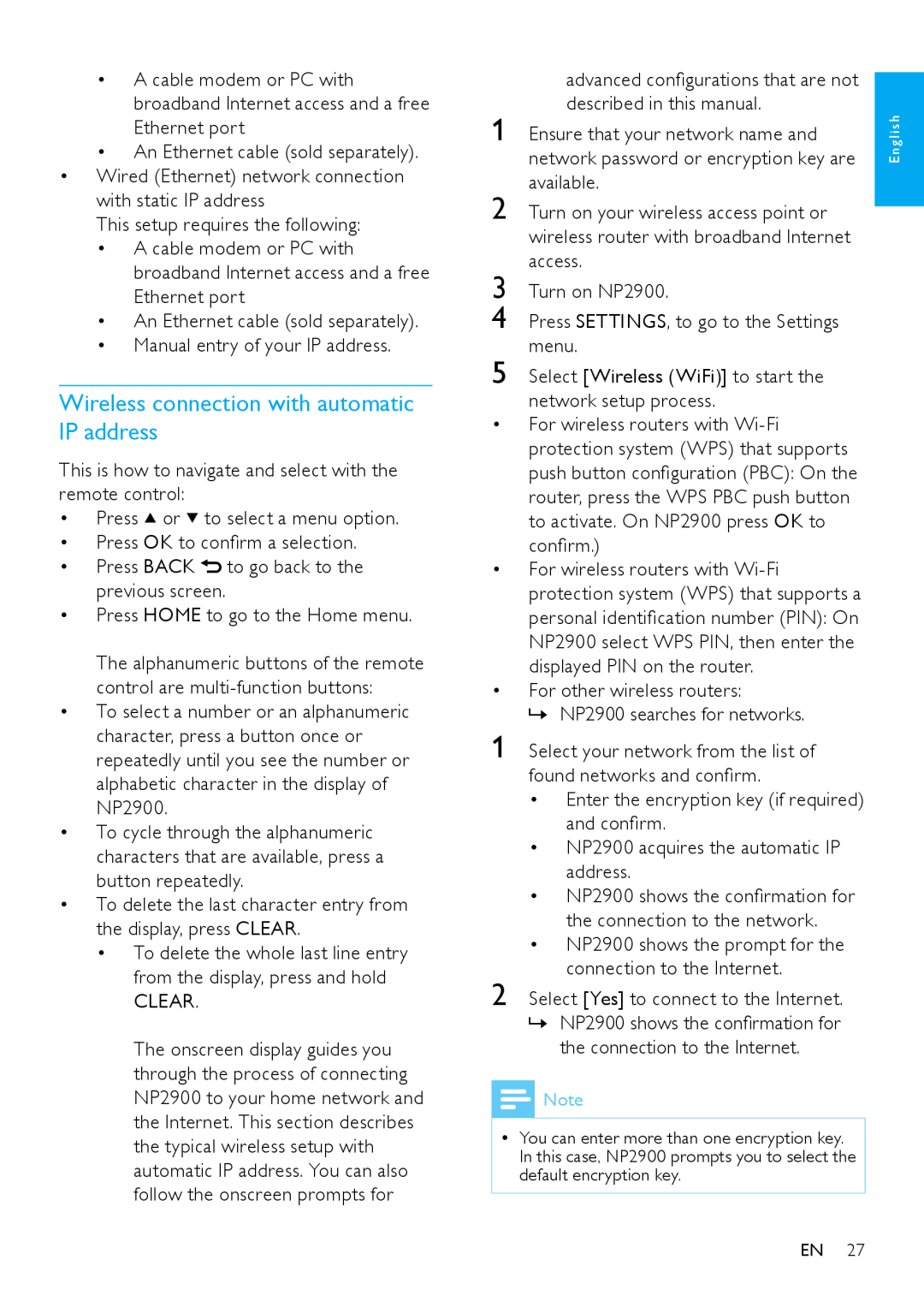 Philips NP2900 user manual Wireless connection with automatic IP address 