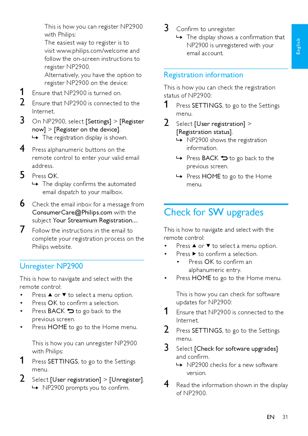 Philips user manual Check for SW upgrades, Unregister NP2900, Registration information 