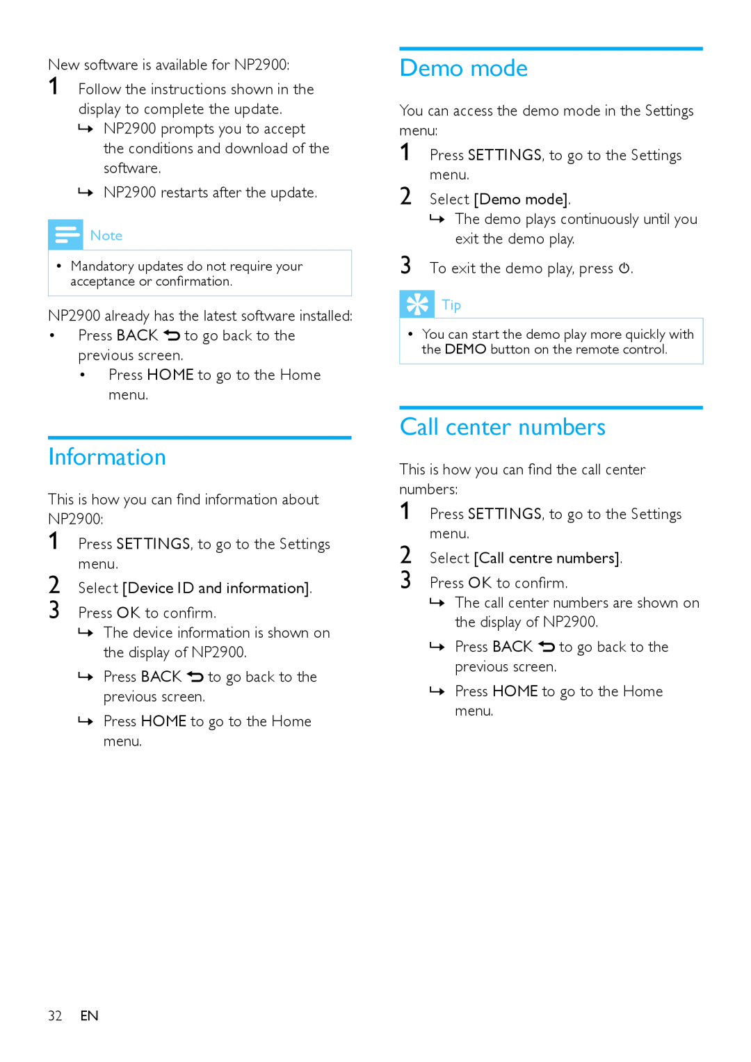 Philips NP2900 user manual Information, Demo mode, Call center numbers 
