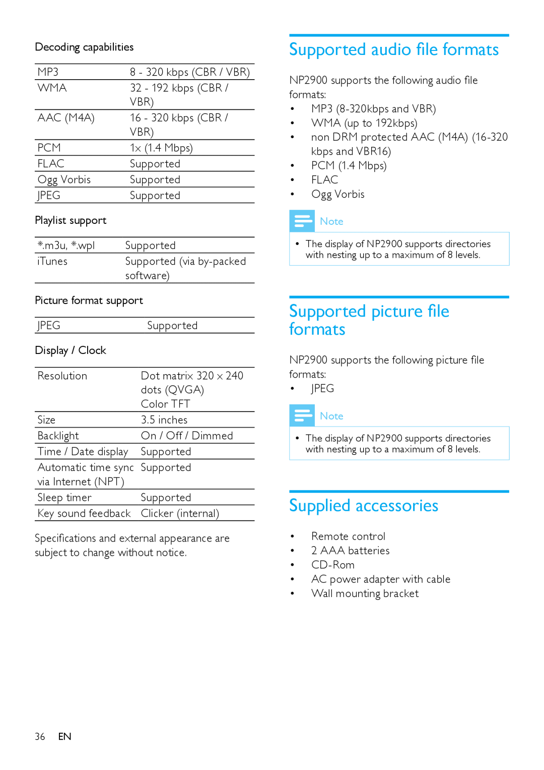 Philips NP2900 user manual Supported audio file formats, Supported picture file formats, Supplied accessories 