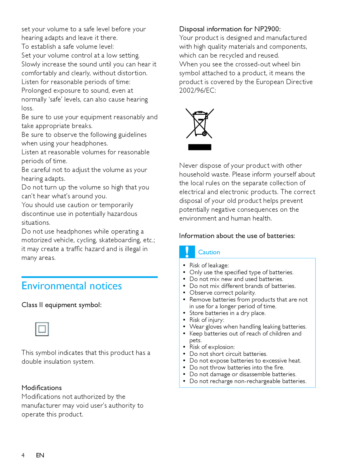 Philips NP2900 user manual Environmental notices 