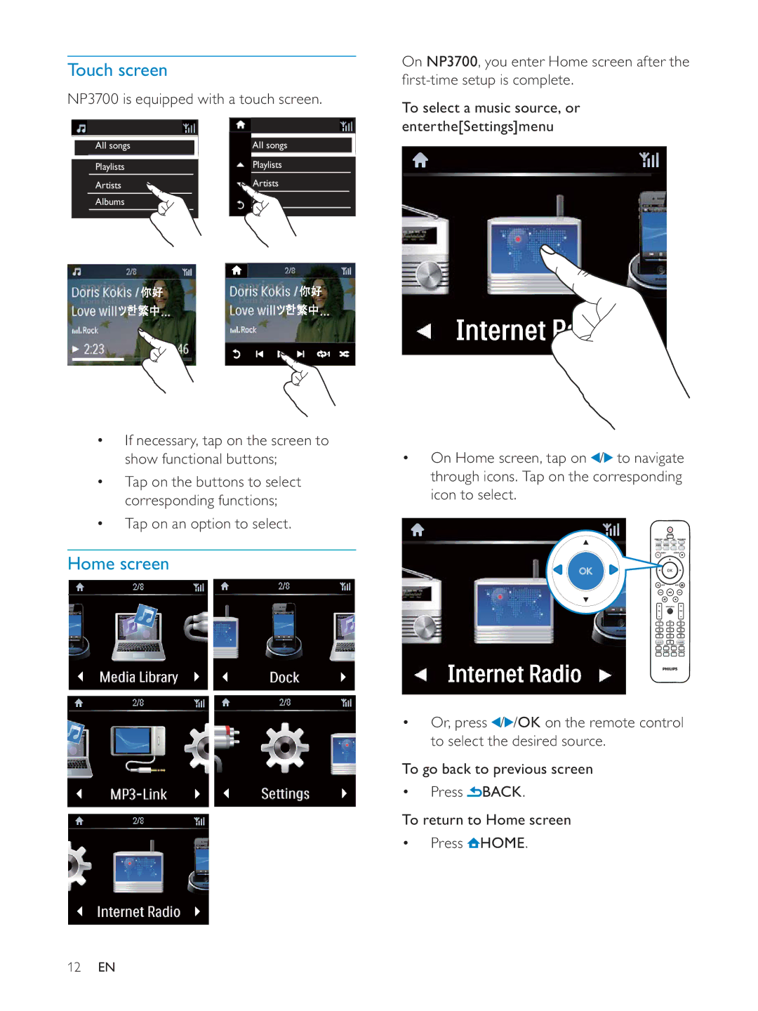 Philips NP3700/12 user manual Touch screen, Home screen, NP3700 is equipped with a touch screen 