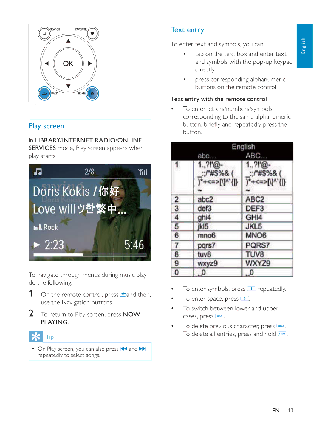 Philips NP3700/12 user manual Play screen, Text entry, To enter text and symbols, you can, Button, Repeatedly 