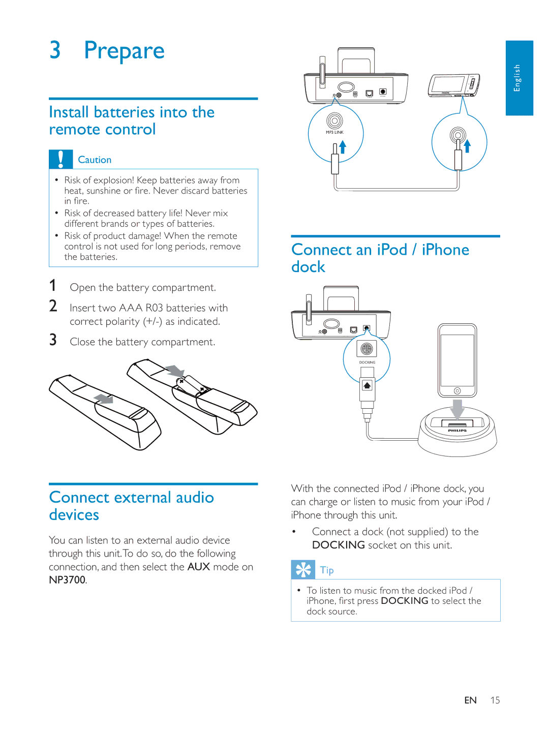 Philips NP3700/12 user manual Prepare, Install batteries into the remote control, Connect external audio devices 