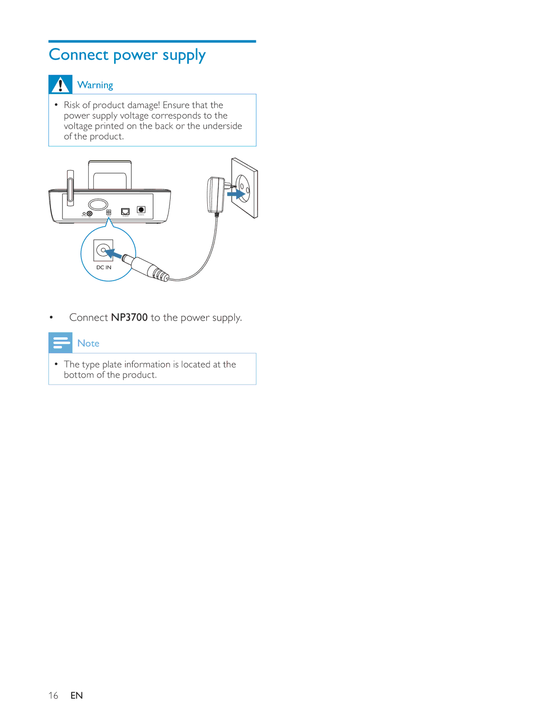 Philips NP3700/12 user manual Connect power supply, Connect NP3700 to the power supply 