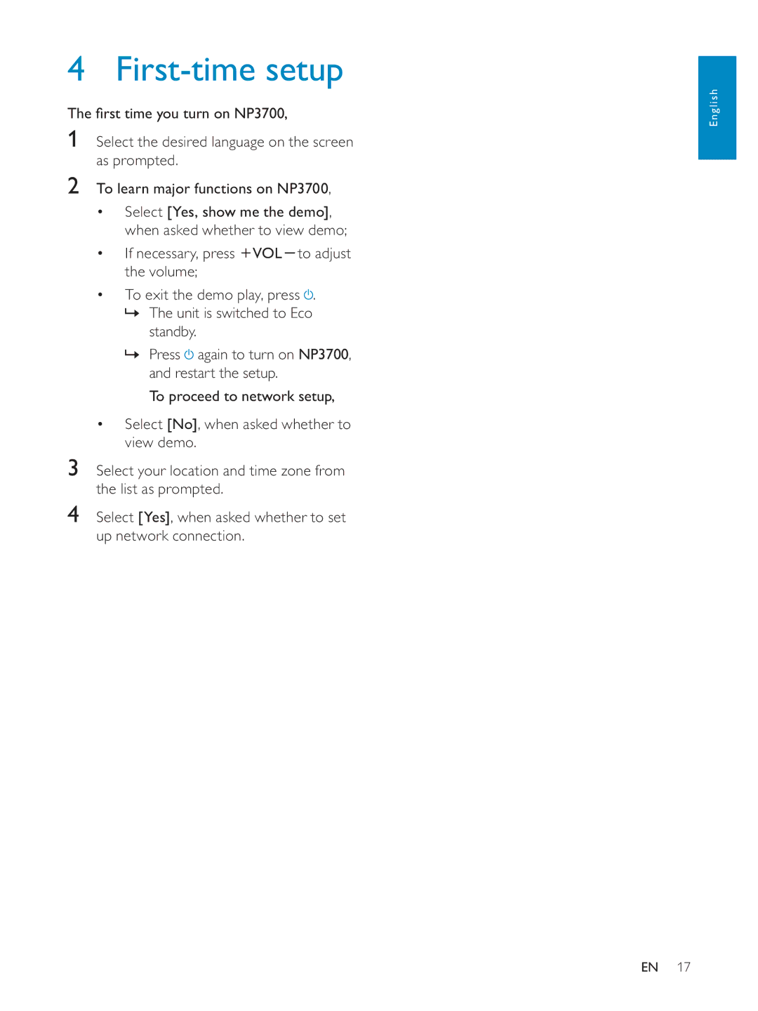 Philips NP3700/12 user manual First-time setup 